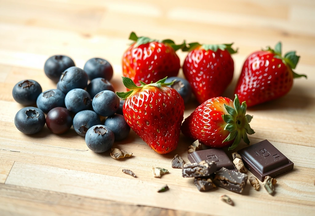 Variedad de bayas frescas, té verde y trozos de chocolate negro en un arreglo artístico