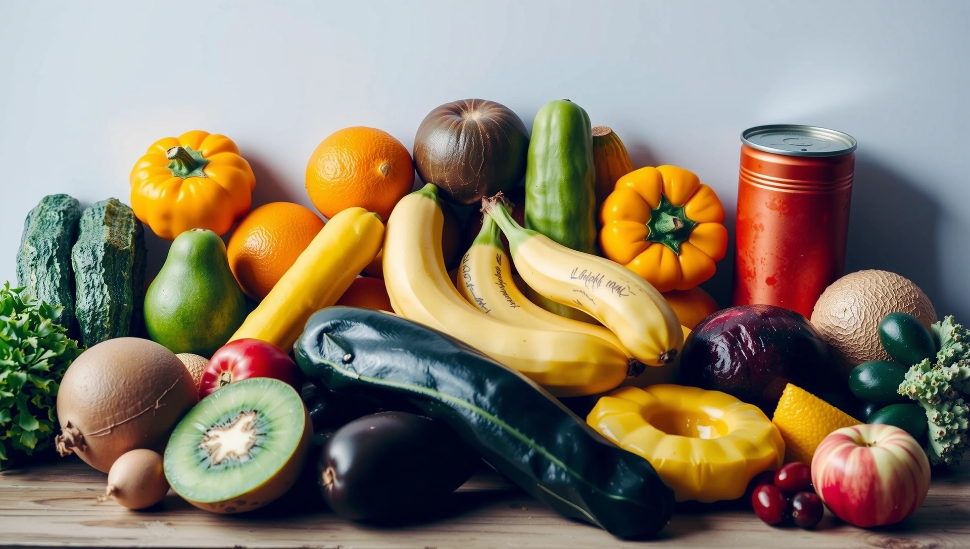 Frutas y verduras frescas y coloridas arregladas de forma artística bajo luz natural.