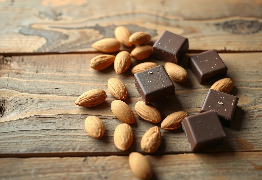 Cuadrados de chocolate negro y almendras enteras, representando alimentos con magnesio.
