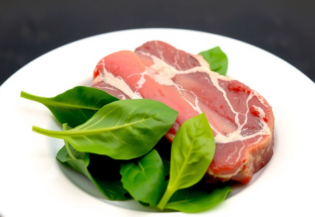 Un plato con carne roja y hojas frescas de espinaca, representando fuentes de hierro.