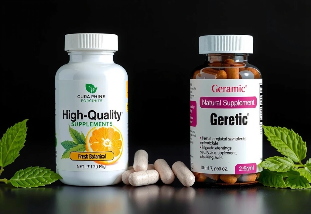 A visually striking image depicting two contrasting supplements, one appearing high-quality and natural, the other generic and artificial, illustrating the concept of different qualities.