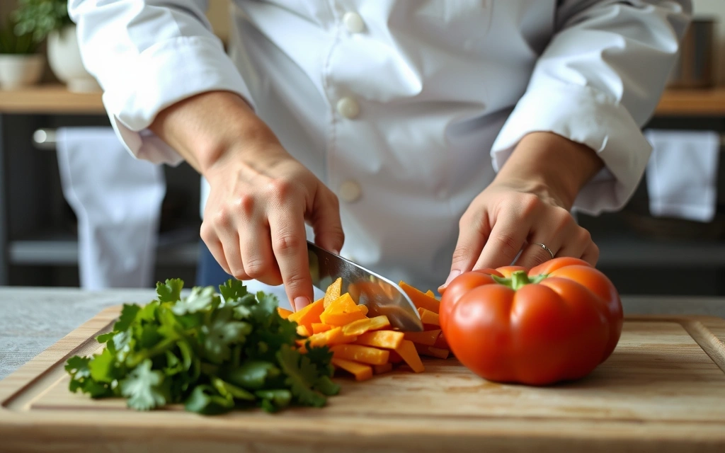 Chef preparando una comida saludable con verduras frescas.