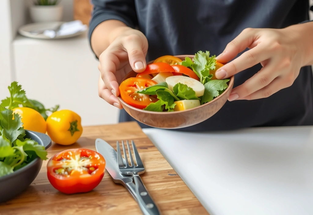 Una persona preparando una ensalada fresca con vegetales coloridos.
