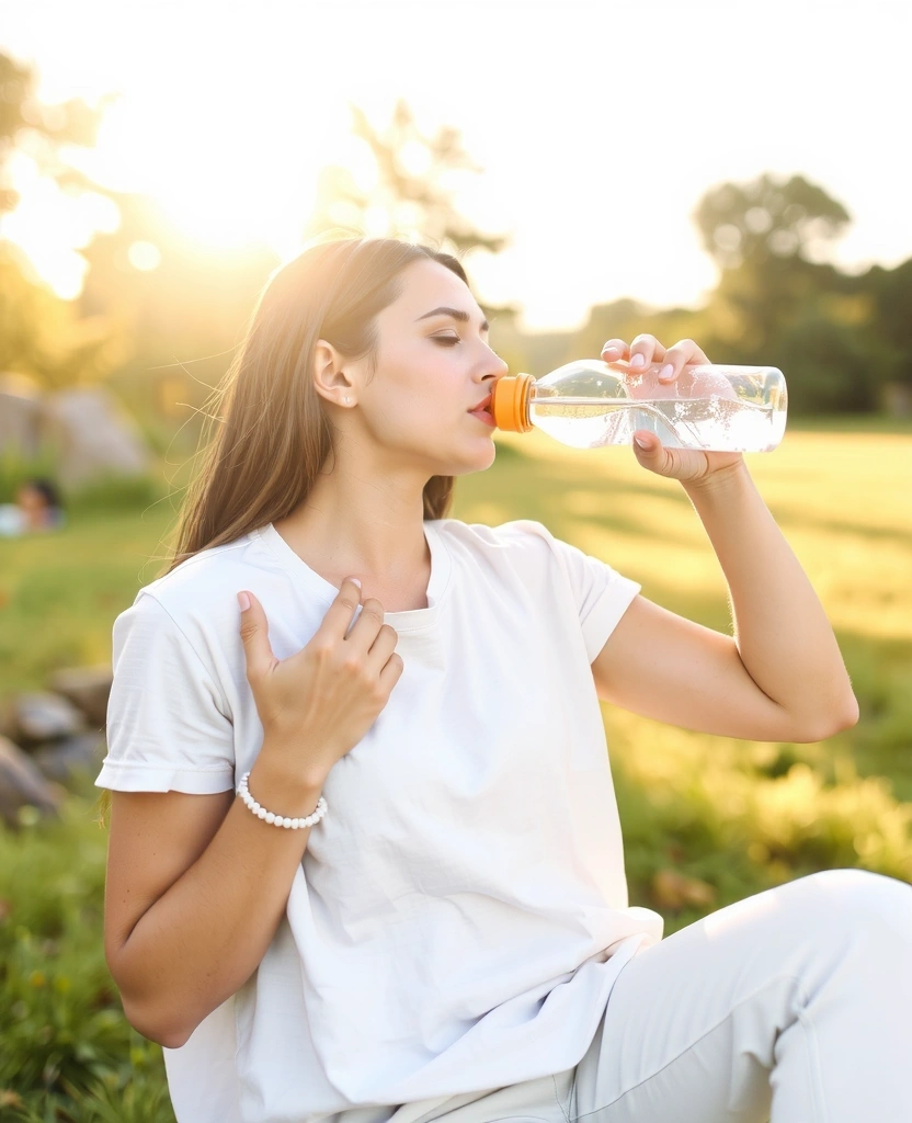 Una mujer bebiendo agua fresca de una botella reutilizable en un entorno natural.