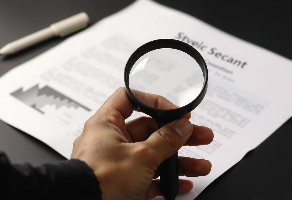 Hand holding a magnifying glass over a document, symbolizing research and verification