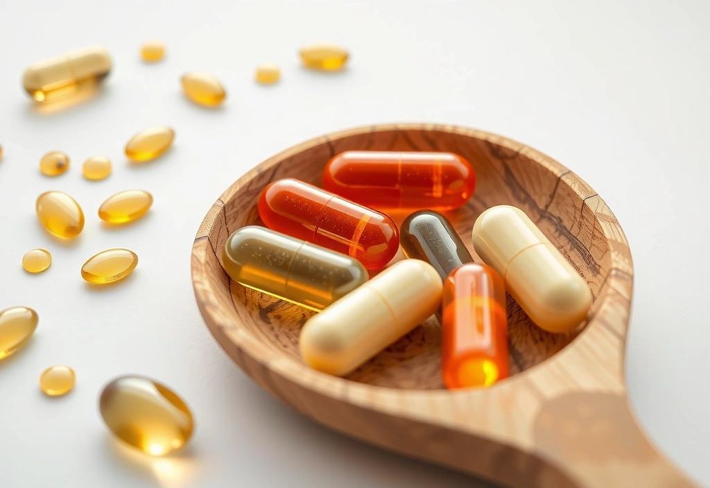 Cápsulas de omega-3 en una cuchara de madera con aceite de pescado