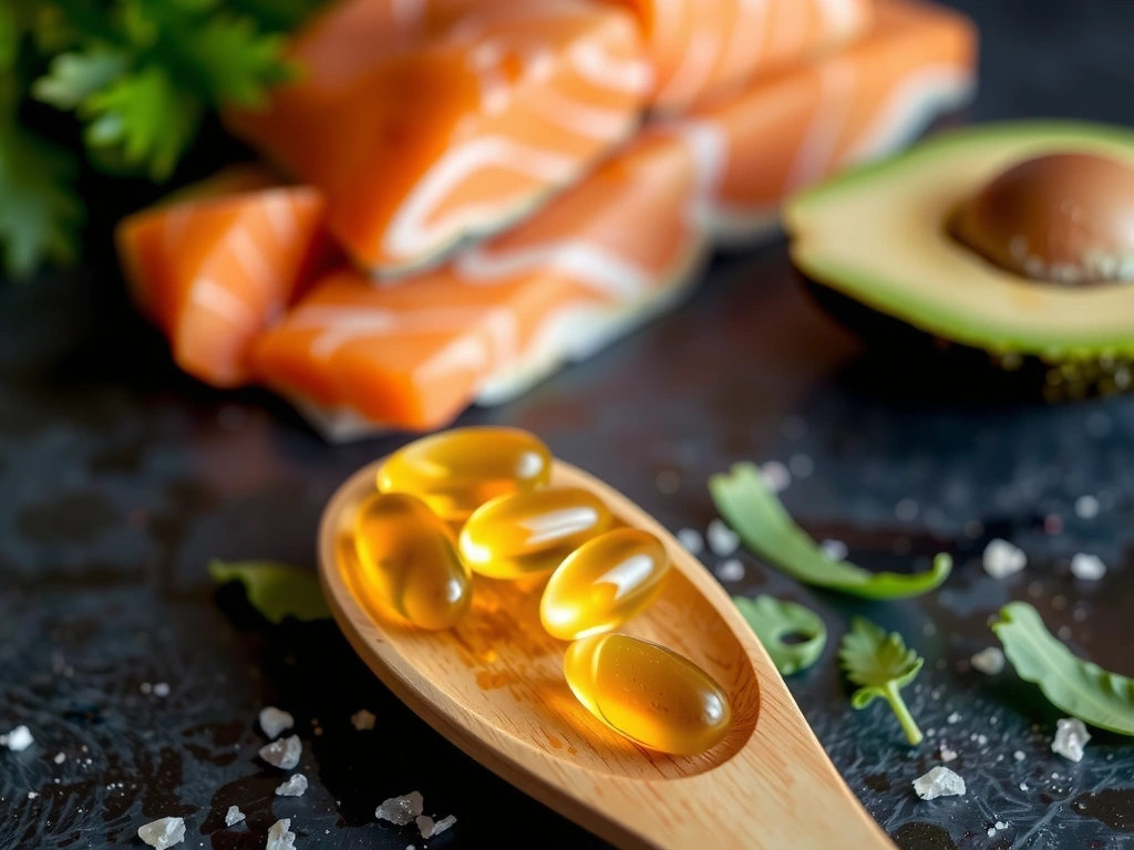 Cápsulas de aceite de pescado omega-3 sobre una cuchara de madera, con salmón fresco y aguacate de fondo.