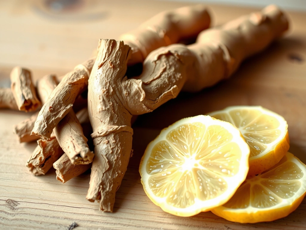 Raíz de Ashwagandha seca y fresca sobre una superficie de madera, con un enfoque suave y luz natural.