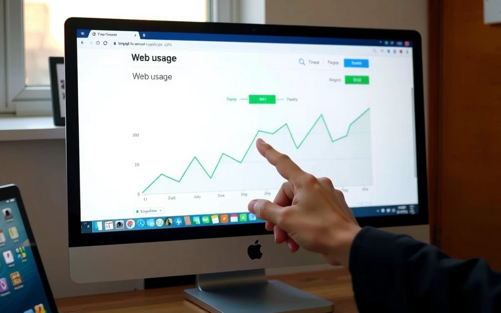 Mano apuntando a una pantalla de ordenador con un gráfico de uso web
