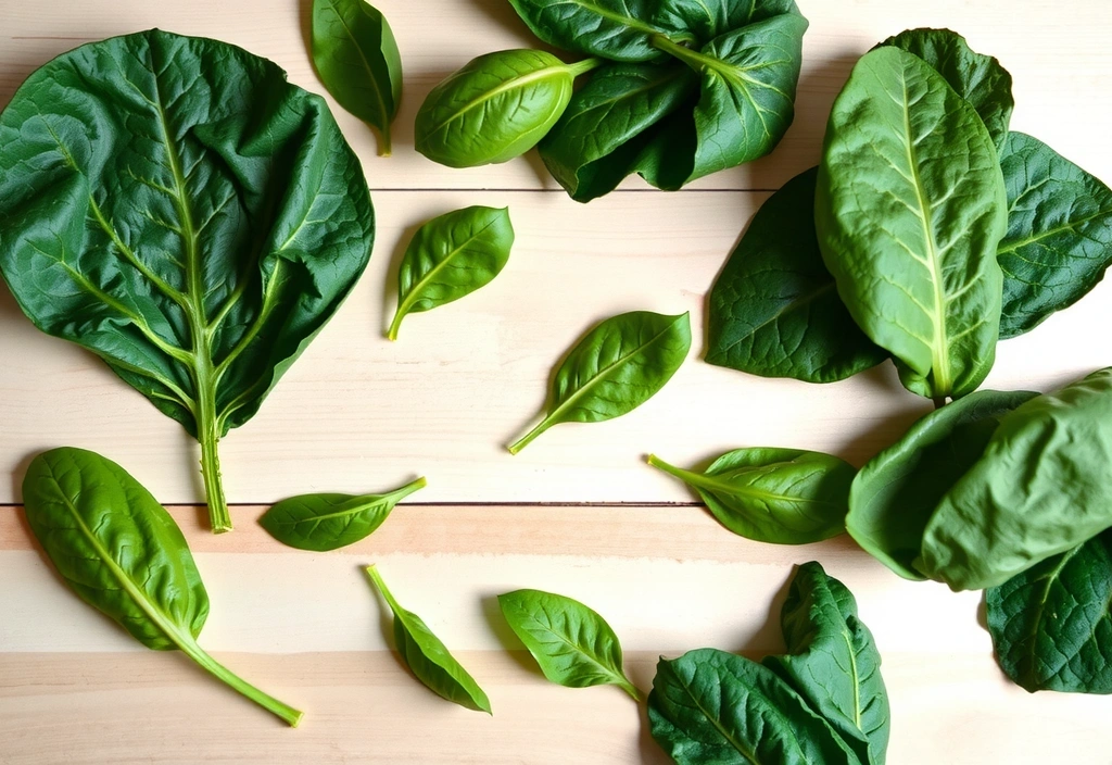 Hojas frescas de espinacas y col rizada, cuidadosamente dispuestas.